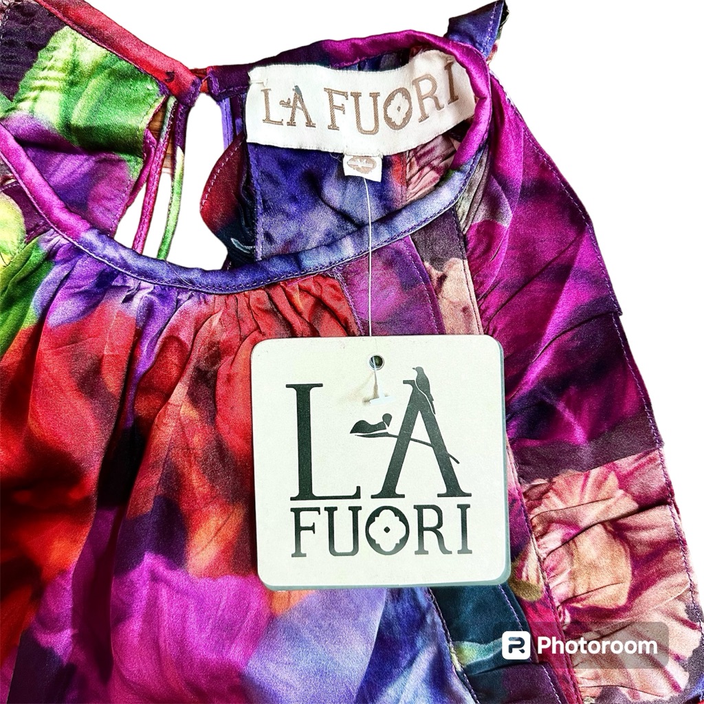 La Fuori Nwt Floral Strappy Back Sleeveless Silk Top Front Side Ruffles Sz Med